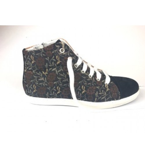 Luxury handmade sneakers black suede leather,  flowers & cork.